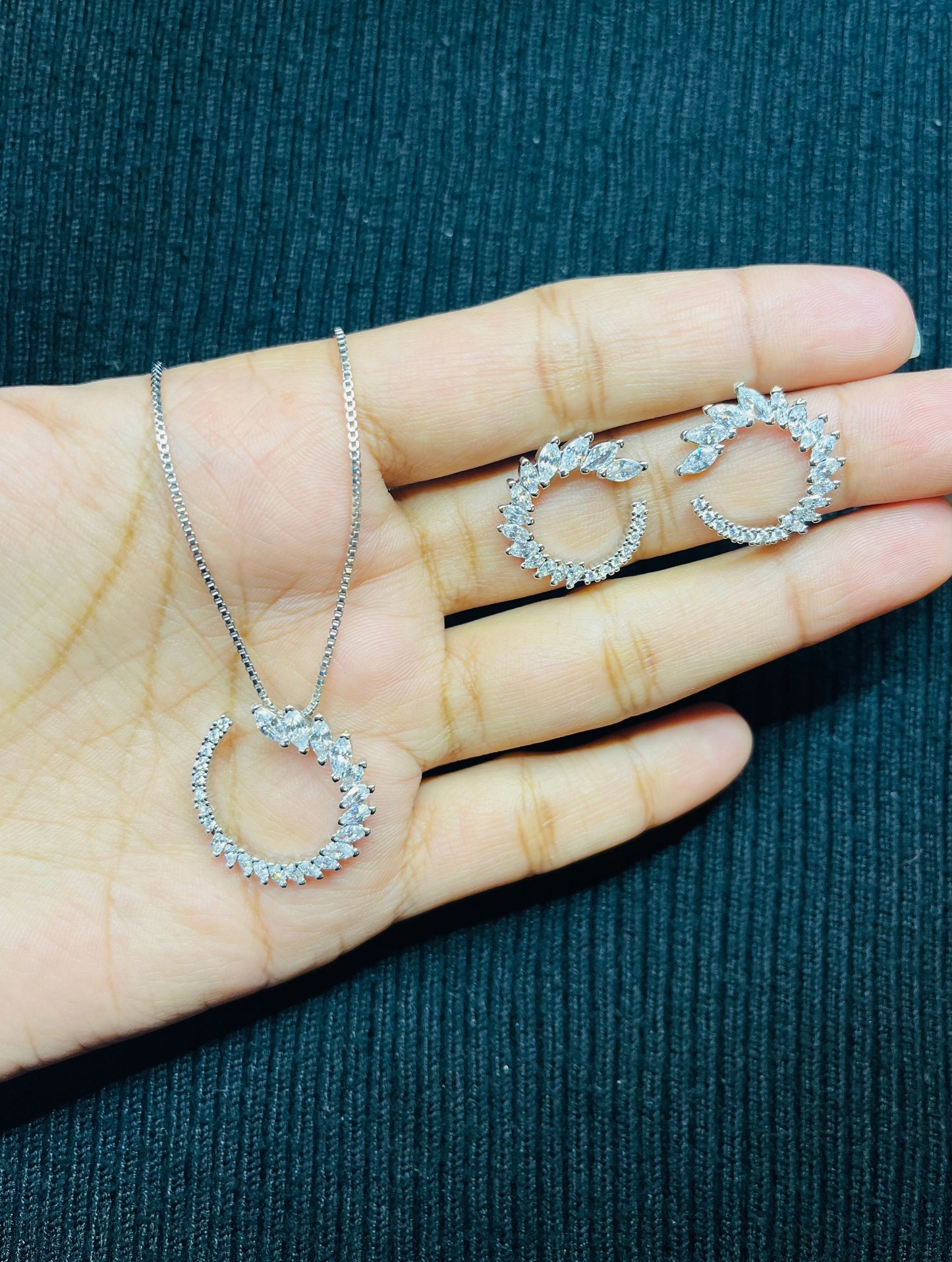 Cubic Zirconia Half Round Leaf Pendant Necklace