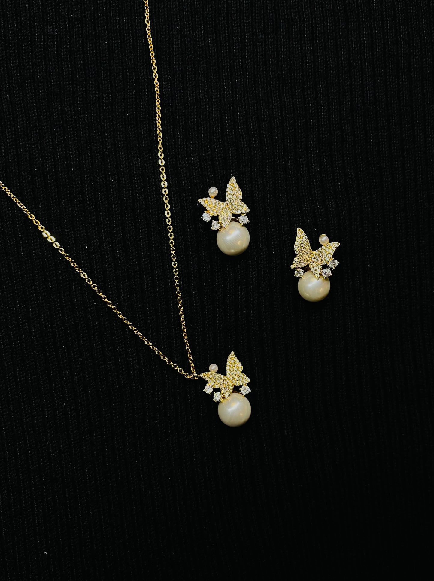 Vintage Butterfly Pendant Necklace and Earrings Set Jewelry