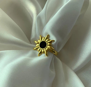 Adjustable Sunflower Ring with Black Enamel Center