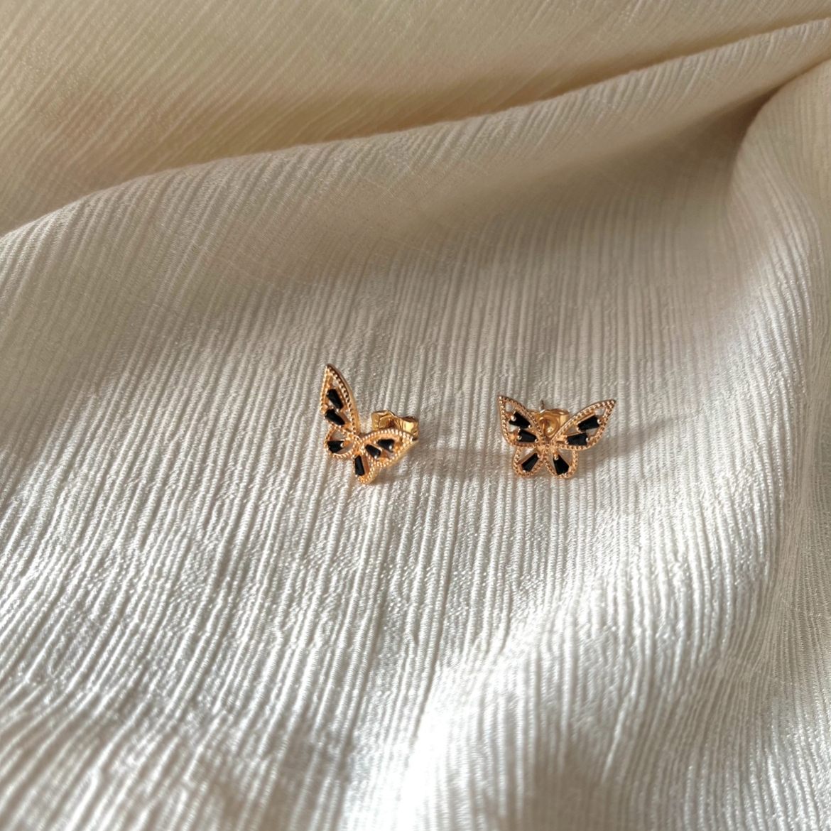 Tiny Black Stone Gold butterfly Earrings