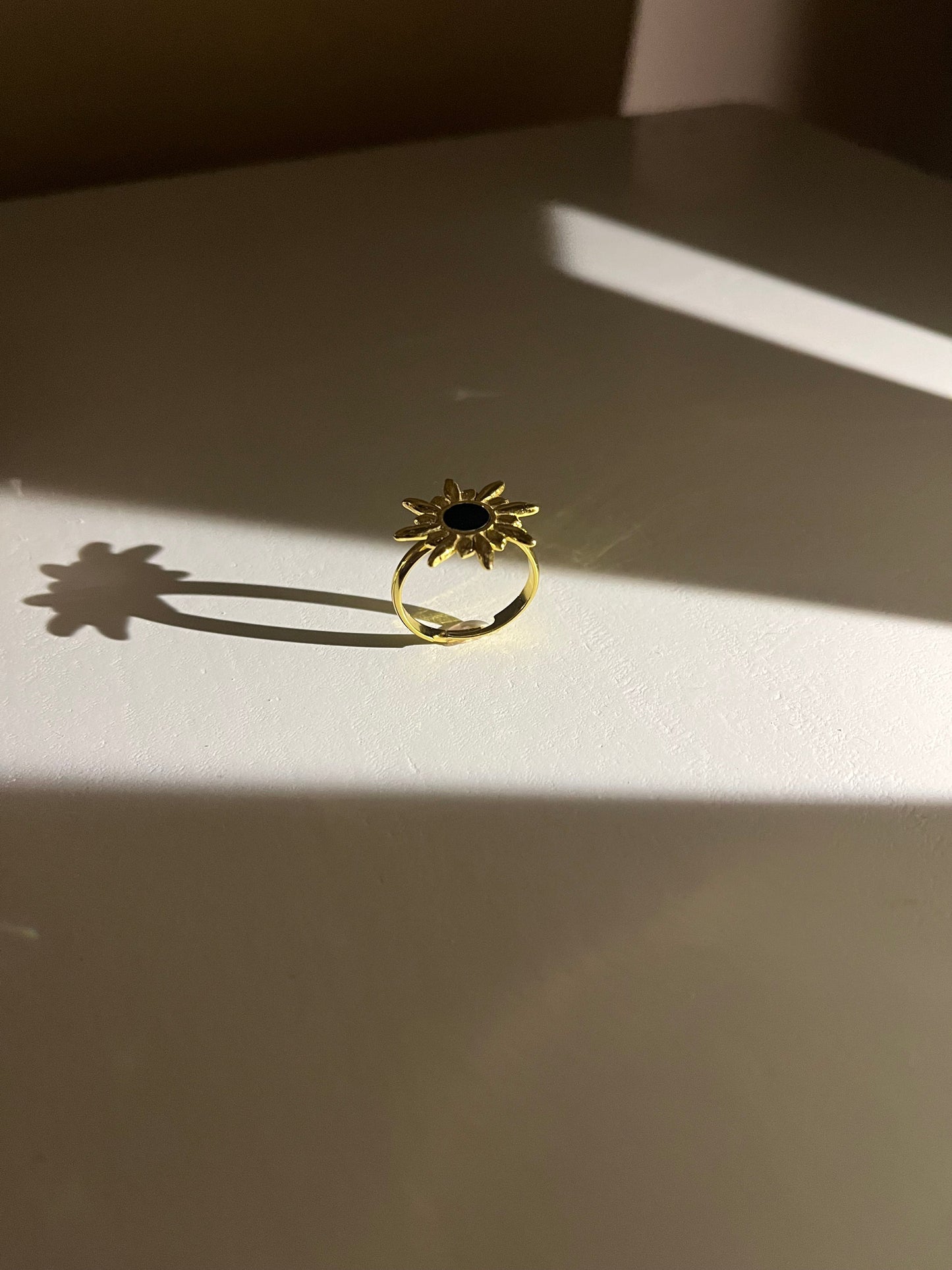 Adjustable Sunflower Ring with Black Enamel Center