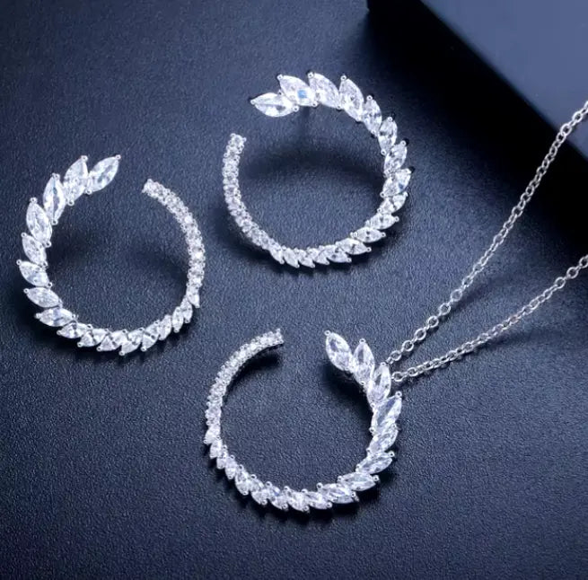 Cubic Zirconia Half Round Leaf Pendant Necklace