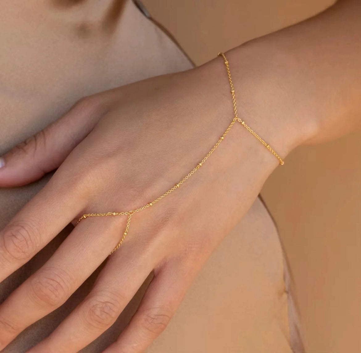 Dainty Gold-Plated Beaded Hand Chain Bracelet