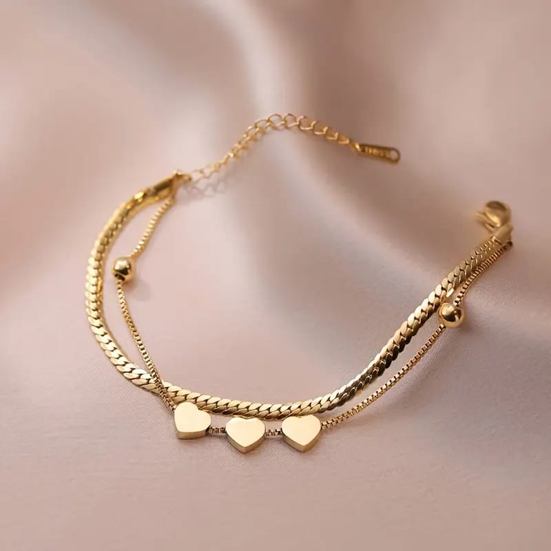 Three Hearts Double Layer Chain Bracelet