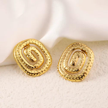 Rectangle Square Spiral Hammer Gold Stud Earring