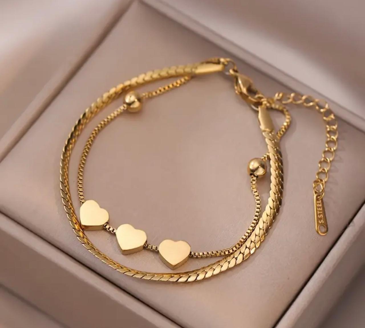 Three Hearts Double Layer Chain Bracelet